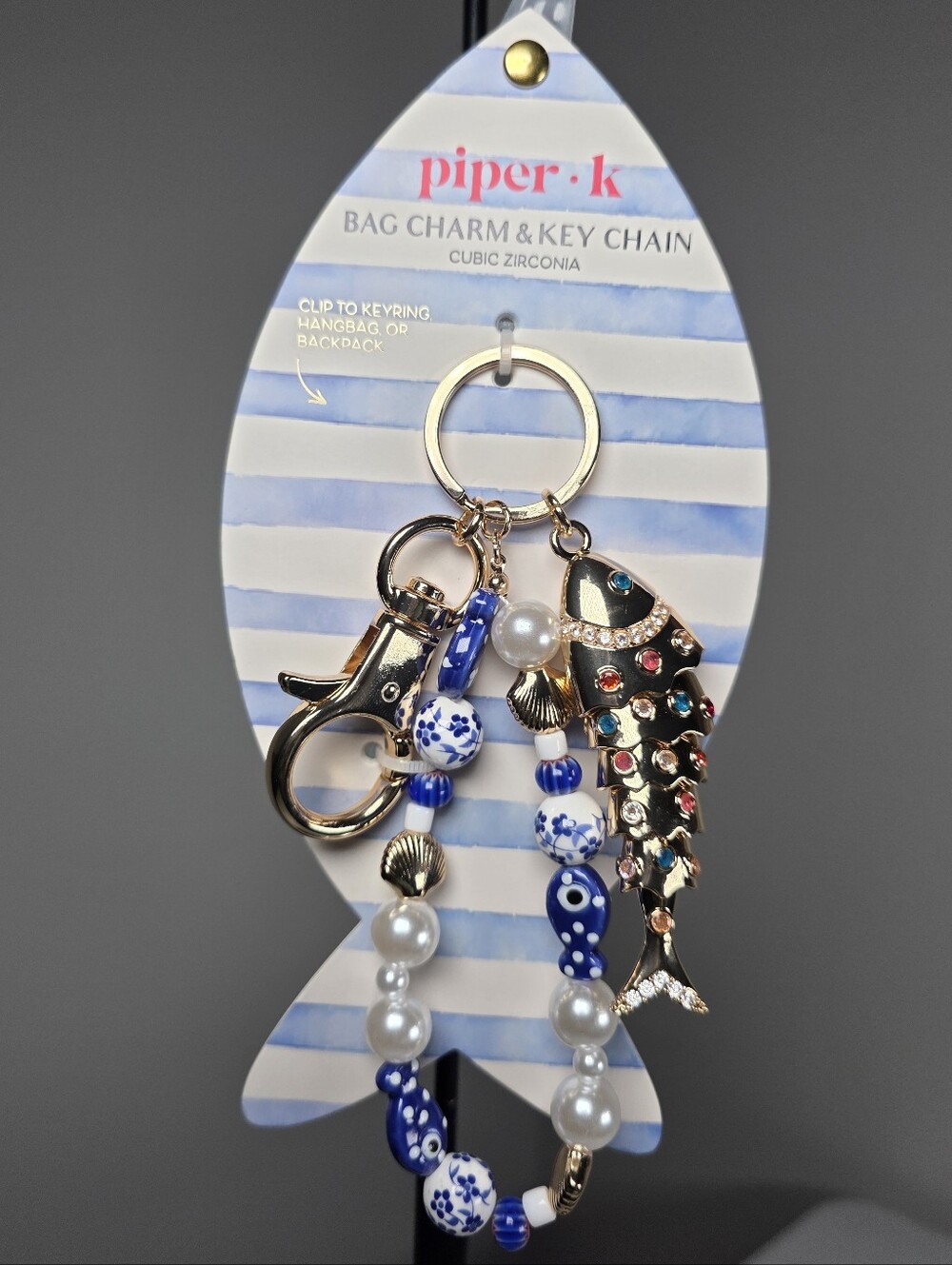 piper•k Cubic Zirconia Fish & Beads Bag Charm/Key Chain